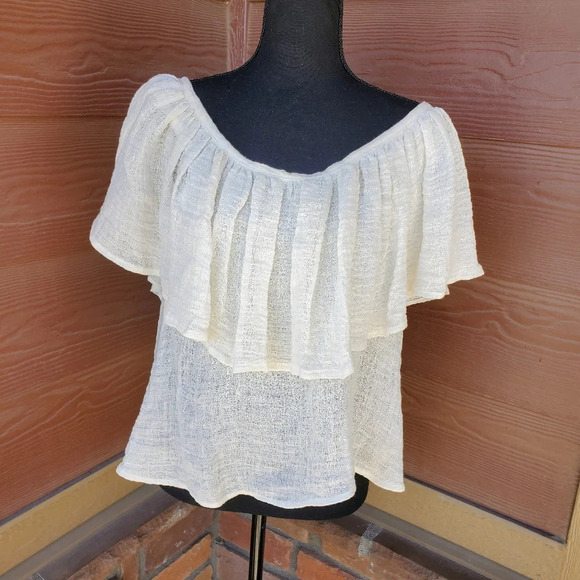 Pearl Cream Colored Off the Shoulder Linen Frill Top Size XS - Picture 2 of 6